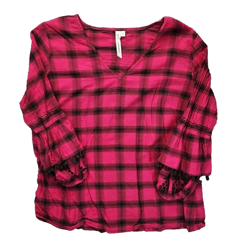 NY‎ Collection Womens XL Pink Black Plaid V-Neck Bell Sleeve Pom Pom Blouse Top